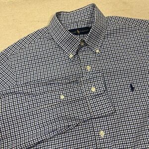 Ralph Lauren Shirt Men's Medium Blue Plaid Gingham Button Down Navy Polo Pony